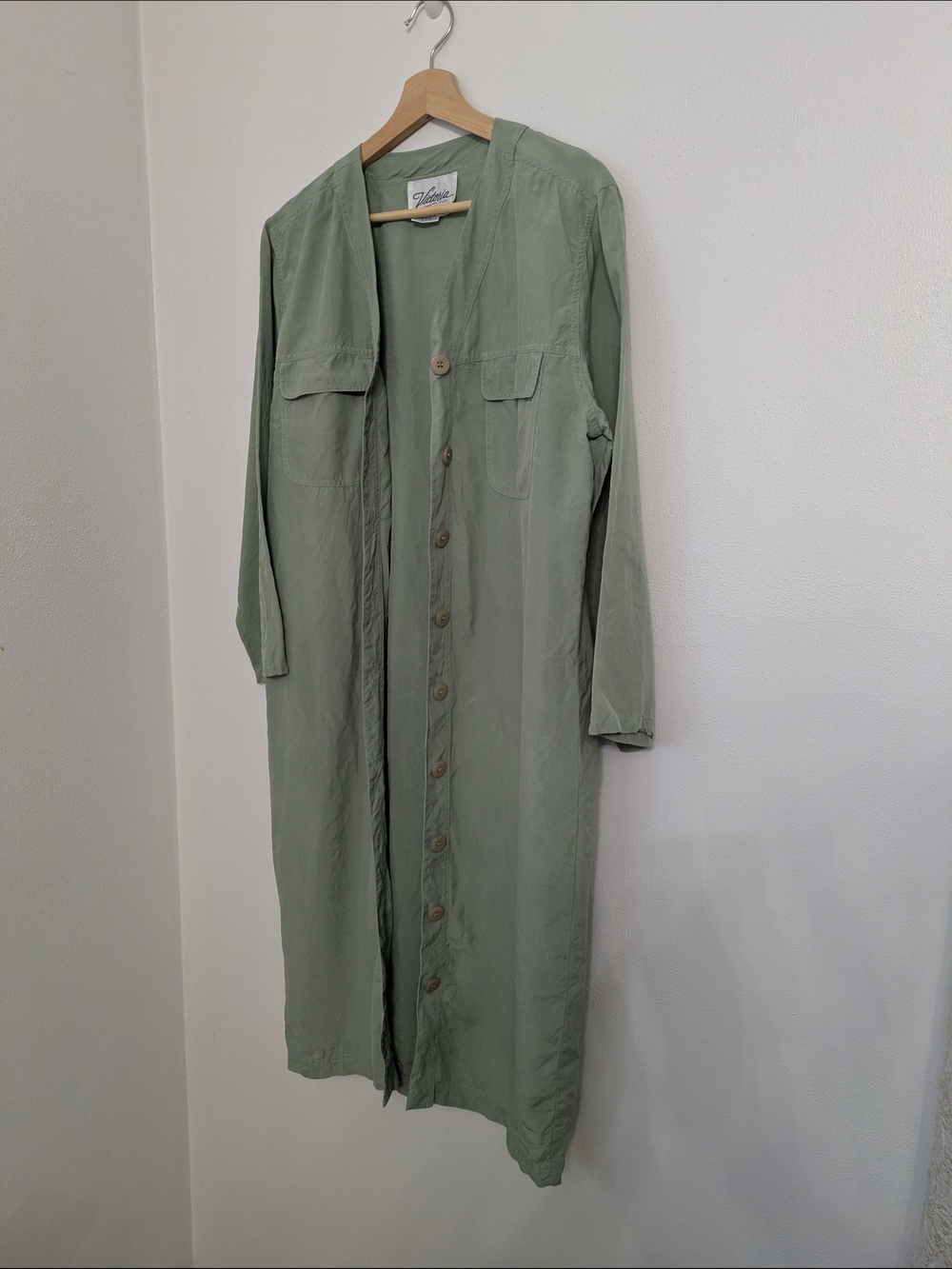 Vintage Victoria Luxury Silk Sage Green Midi Button-Front Dress